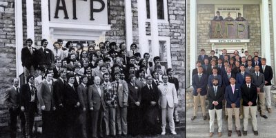 At left, AGR brothers in 1975. At right, AGR brothers in 2025.
