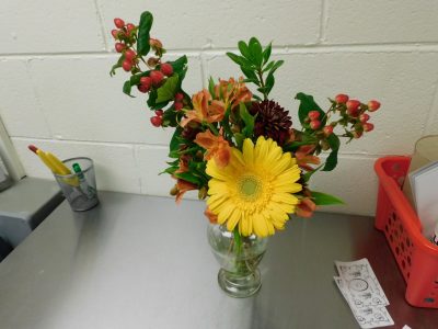 The finished floral arrangements.