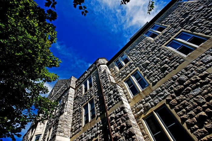 Eggleston Hall pictured at an upwards angle, showing off the Hokie Stone.