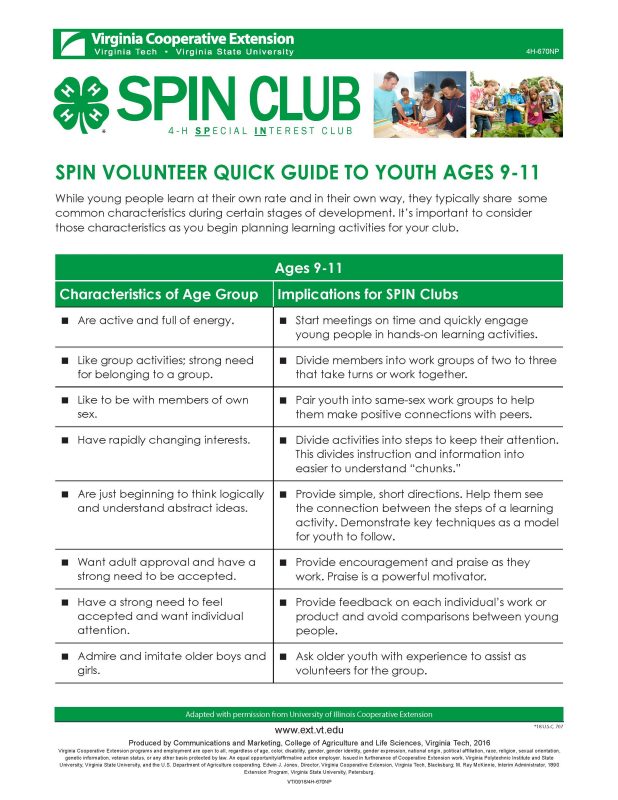SPIN Volunteer Quick Guide to Youth Ages 9-11 Cover of SPIN Volunteer Quick Guide to Youth Ages 9-11