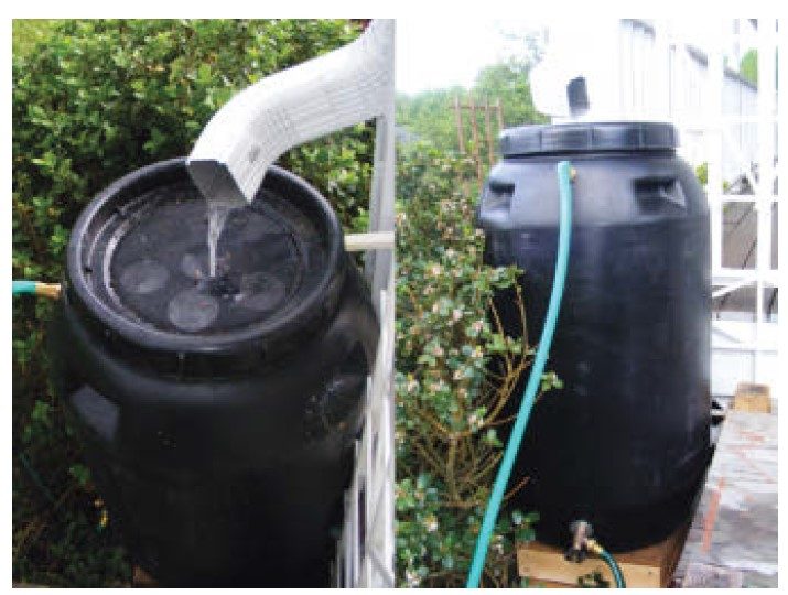 A rain barrel system for rainwater harvesting.