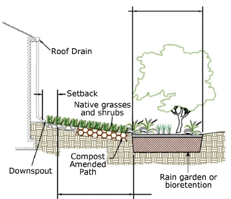 Diagram of rooftop disconnection with compost-amended filter path and bioretention.