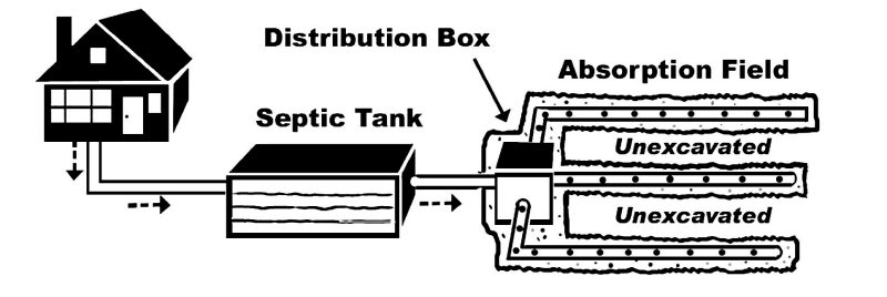 The components of a conventional septic system are the septic tank, distribution box, and an absorption field. The septic tank has two access/cleanout ports. Inside the tank effluent separates into a layer of solids at the bottom, with liquid above, and a scum layer floating on the surface. The soil absorption line has a layer of gravel surrounding the perforated pipe carrying the effluent, and soil surrounds the gravel and pipe