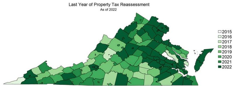 Figure 5. Virginia map color-coded in green by how recently each jurisdiction completed tax reassessment