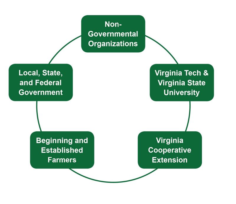 Graph showing the following info: Non- Governmental Organizations - Virginia Tech & Virginia State University - Virginia Cooperative Extension - Beginning and Established Farmers - Local, State, and Federal Government.