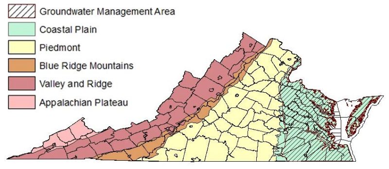 Map of Virginia showing pink - Appalachian plateau, red - valley and ridge, orange - blue ridge mountains, yellow - piedmont, green with banded black lines - groundwater management area.
