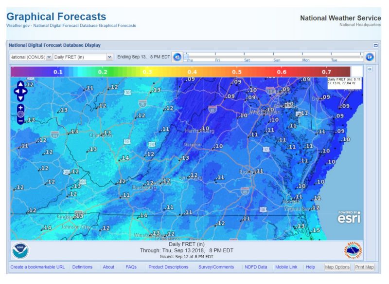 Screenshot from the National Weather Service’s Graphical Forecast website showing reference crop evapotranspiration across Virginia.