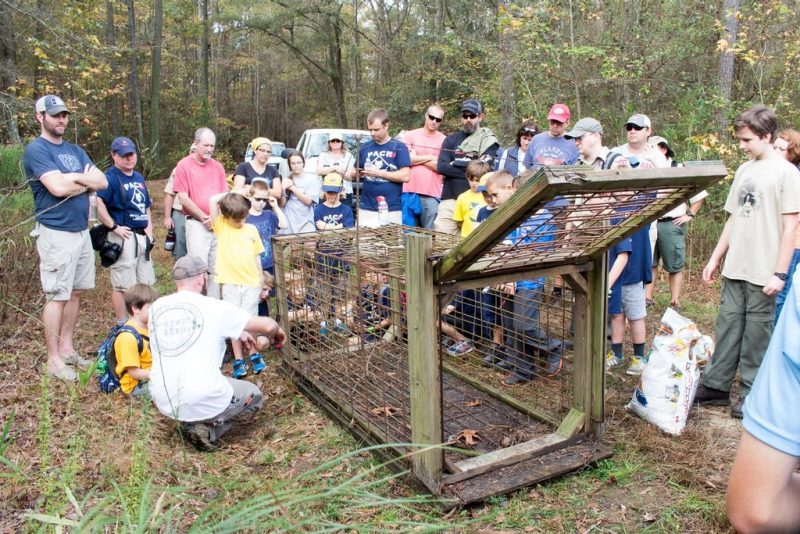 A group of adults and children gather around a box trap made of wood and wire with its front door raised.