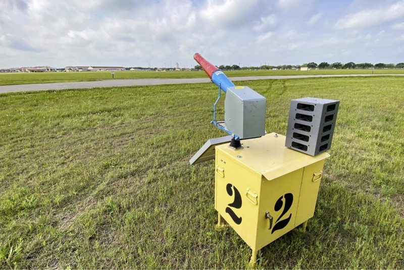 A propane cannon deployed in the field to deter geese from congregating or foraging.