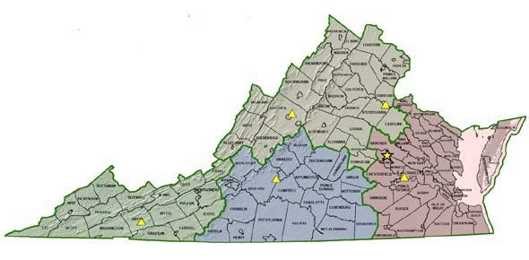 A map of the state of Virginia divided into the 4 service regions for the Virginia Department of Wildlife Resources.