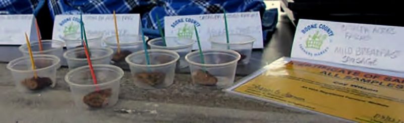 eleven plastic cups on a table with different colored toothpicks inserted into a sample food.