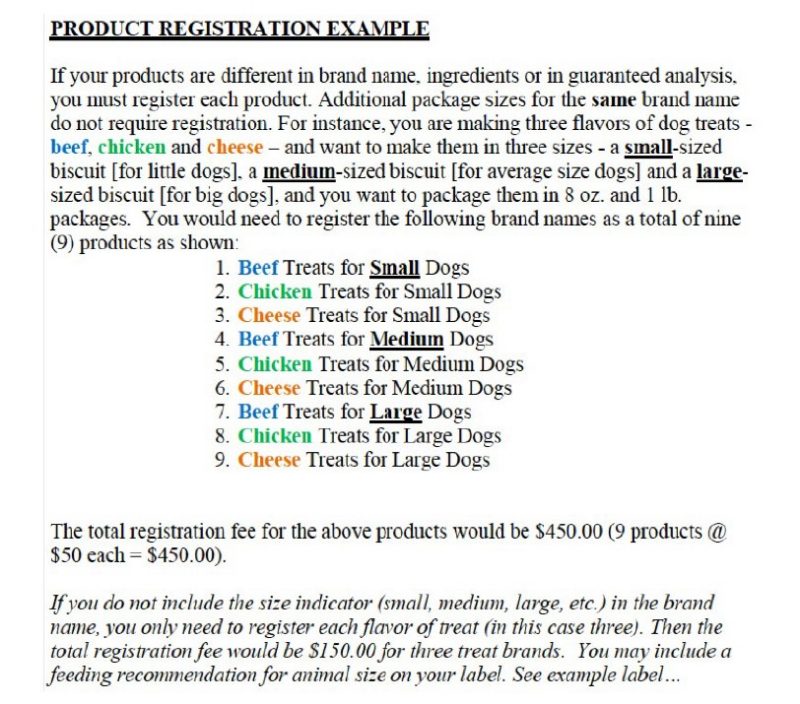 Example of a product registration for different types of pet treats.