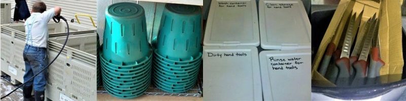 Figure 3. A photo panel from left to right: pressure washing large plastic bulk bins; stacked, washed picking containers turned upside down for use in field; four labeled small bins used for steps in storing dirty, washed, cleaned, and rinsed hand tools; and multiple knives being stored in a clean cardboard box for harvesting use.