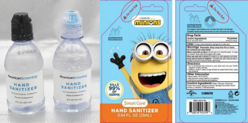 left: Water bottle package for hand sanitizer, right: Minions hand sanitizer packaging