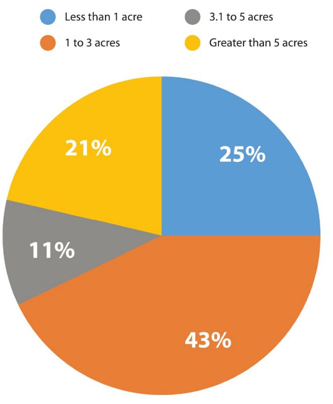 Pie chart. Eleven percent are three point one to five acres, twnety one percent are greater than five acres, twenty five percent are less than one acre, and forty-three percent are one to three acres.