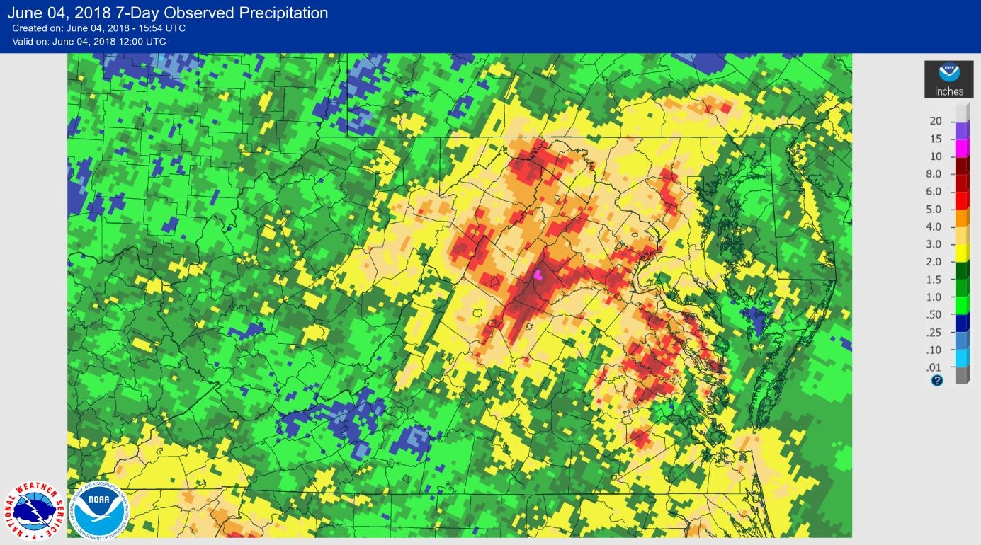 Weather map with green, yellow, and red portions