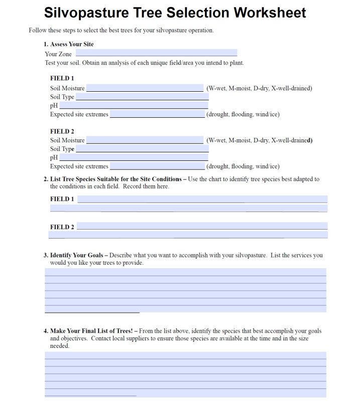 Silvopasture Tree Selection Worksheet.