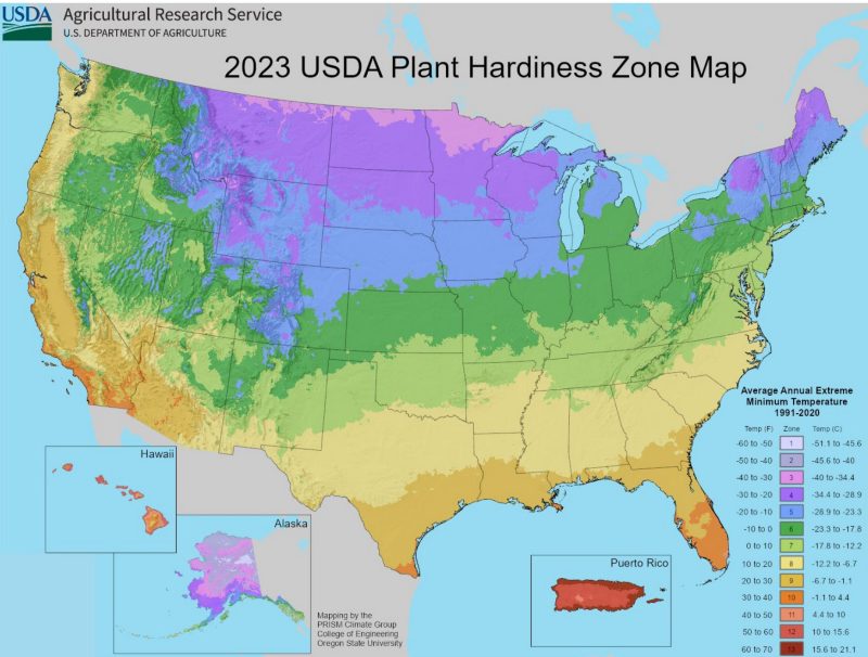 Map of the USDA Plant Hardiness Zones.
