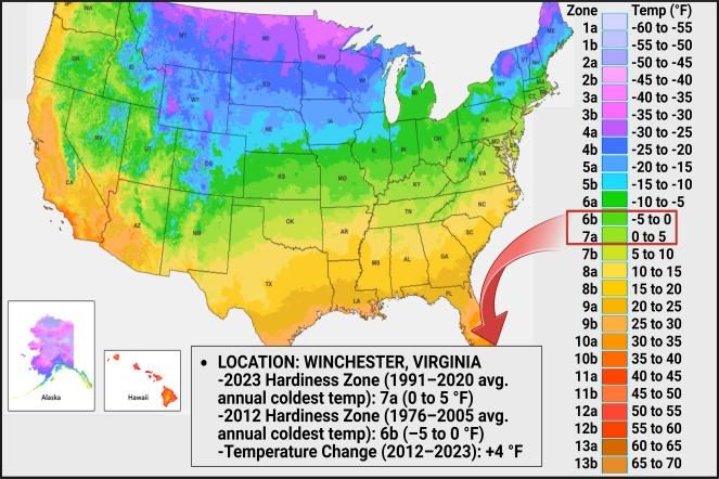 Color‑coded U.S. map highlights Winchester, VA, where the plant‑hardiness zone warmed from 6b (–5 to 0 °F) to 7a (0 to 5 °F) between 2012 and 2023—a +4 °F shift.