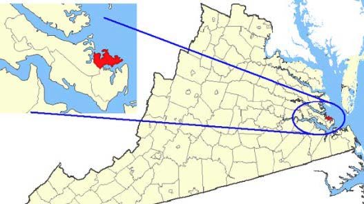 A picture of the map of virginia with the margin of the Chesepeake Bay and it has a blow up in the corner of the highlighted city of Poquoson