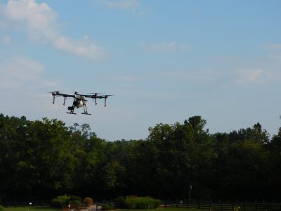 A drone flies over the Virginia Tech Turfgrass Research Center.